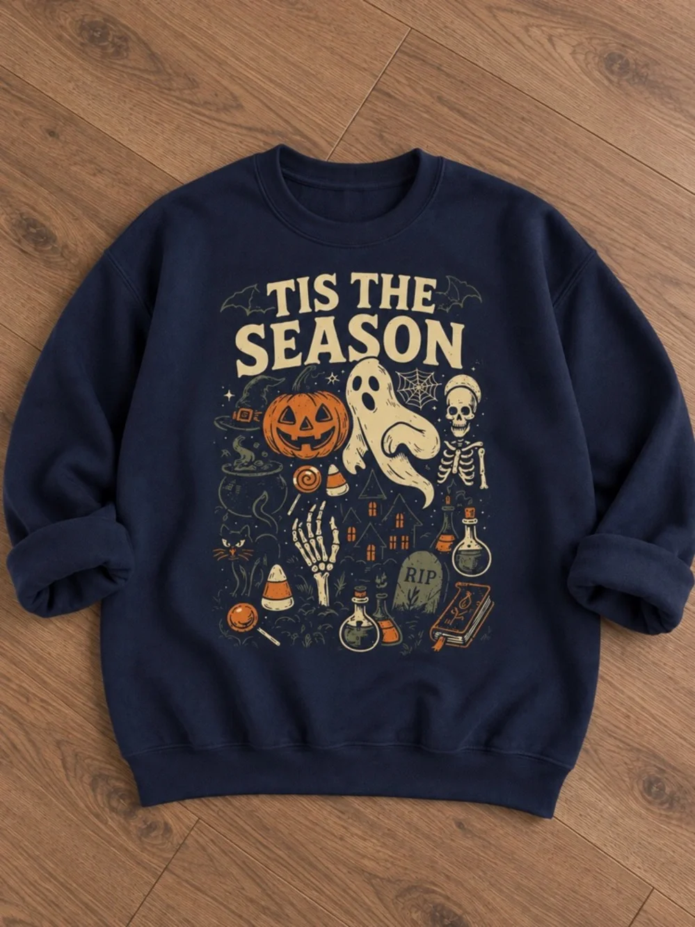 Tis The Season Ghost and Pumpkins Halloween Graphic Navy Sweatshirt